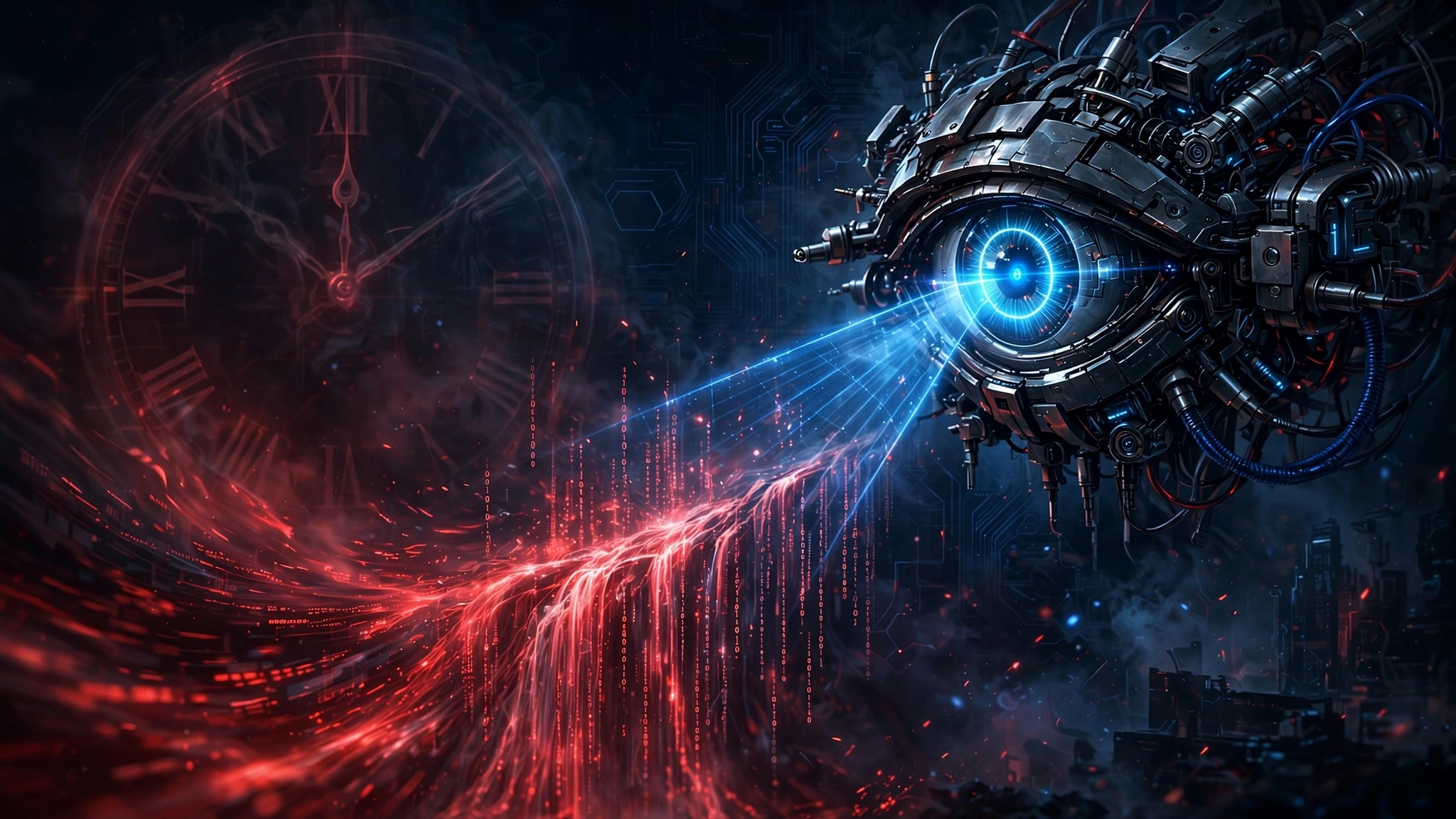 AI 机械眼扫描代码流,背景是倒计时钟表